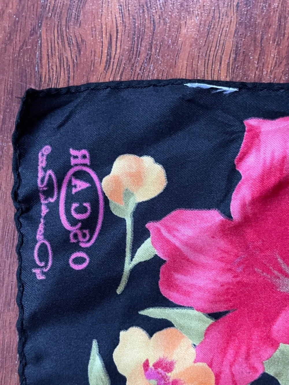 Vintage Oscar by Oscar de la Renta Long/Oblong Black Floral Silk Scarf